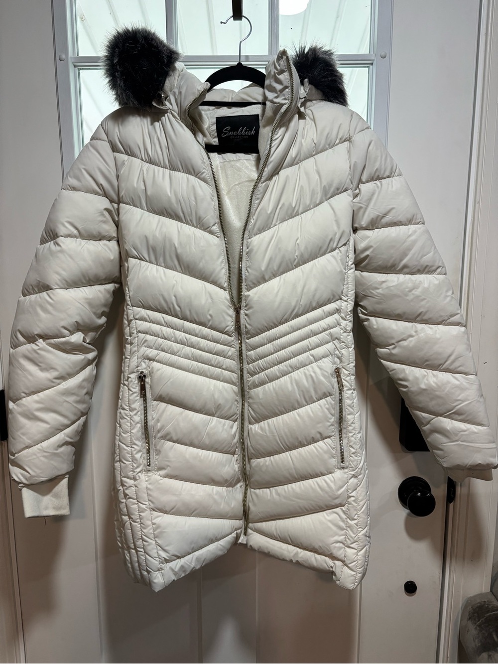 Snobbish Cream Quilted Long Puffer with Faux Fur Trim